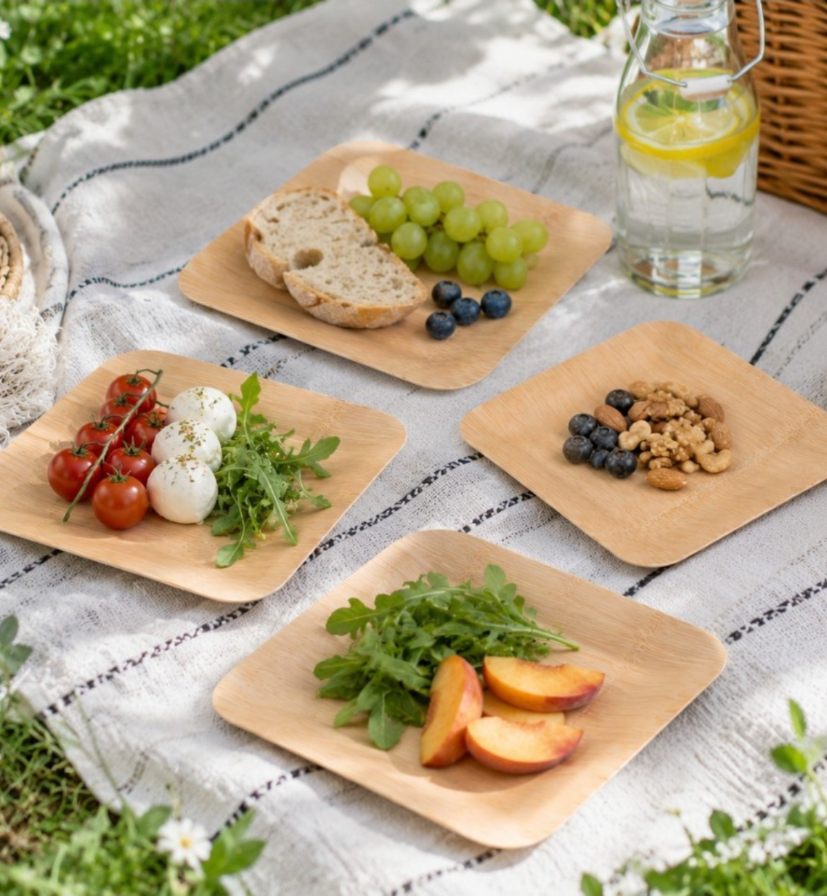 Lot de 4 assiettes en bambou biodégradable — Taille M 18 cm ou Taille L 25 cm