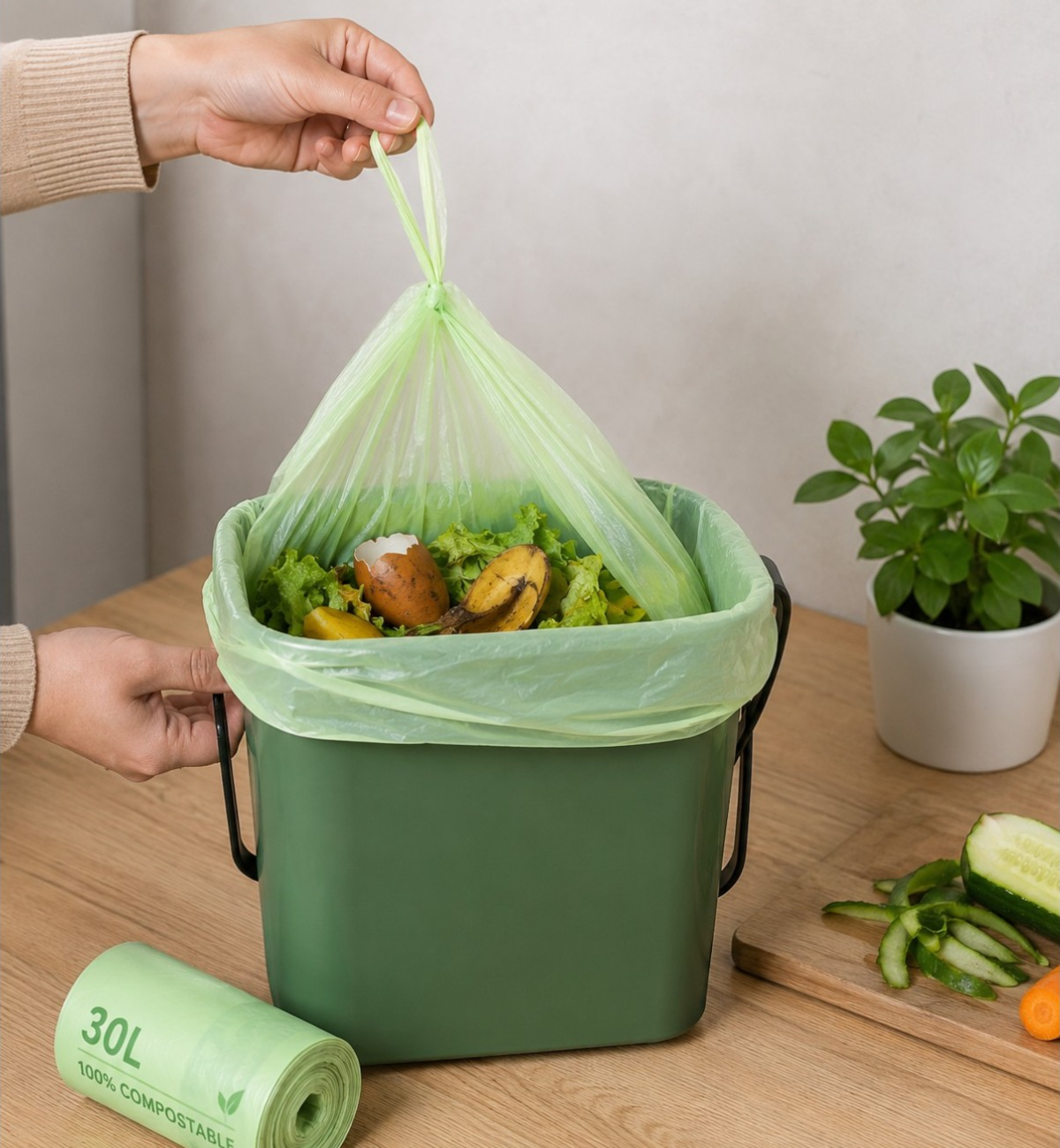 Sacs compostables 30 litres en fécule de pomme de terre — Lot de 10 avec liens coulissants
