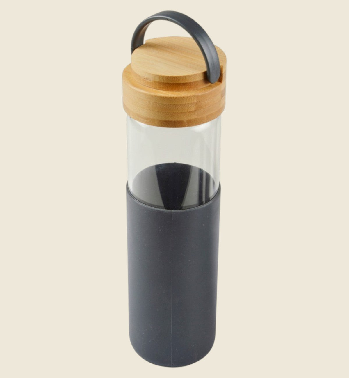 Gourde en verre 600 ml avec bouchon en bambou et protection silicone — Anthracite ou Taupe