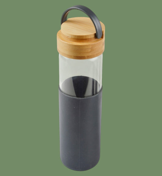 Gourde en verre 600 ml avec bouchon en bambou et protection silicone — Anthracite ou Taupe