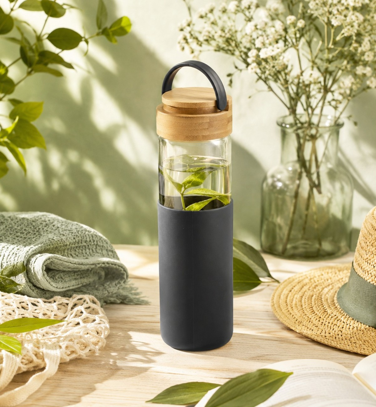 Gourde en verre 600 ml avec bouchon en bambou et protection silicone — Anthracite ou Taupe