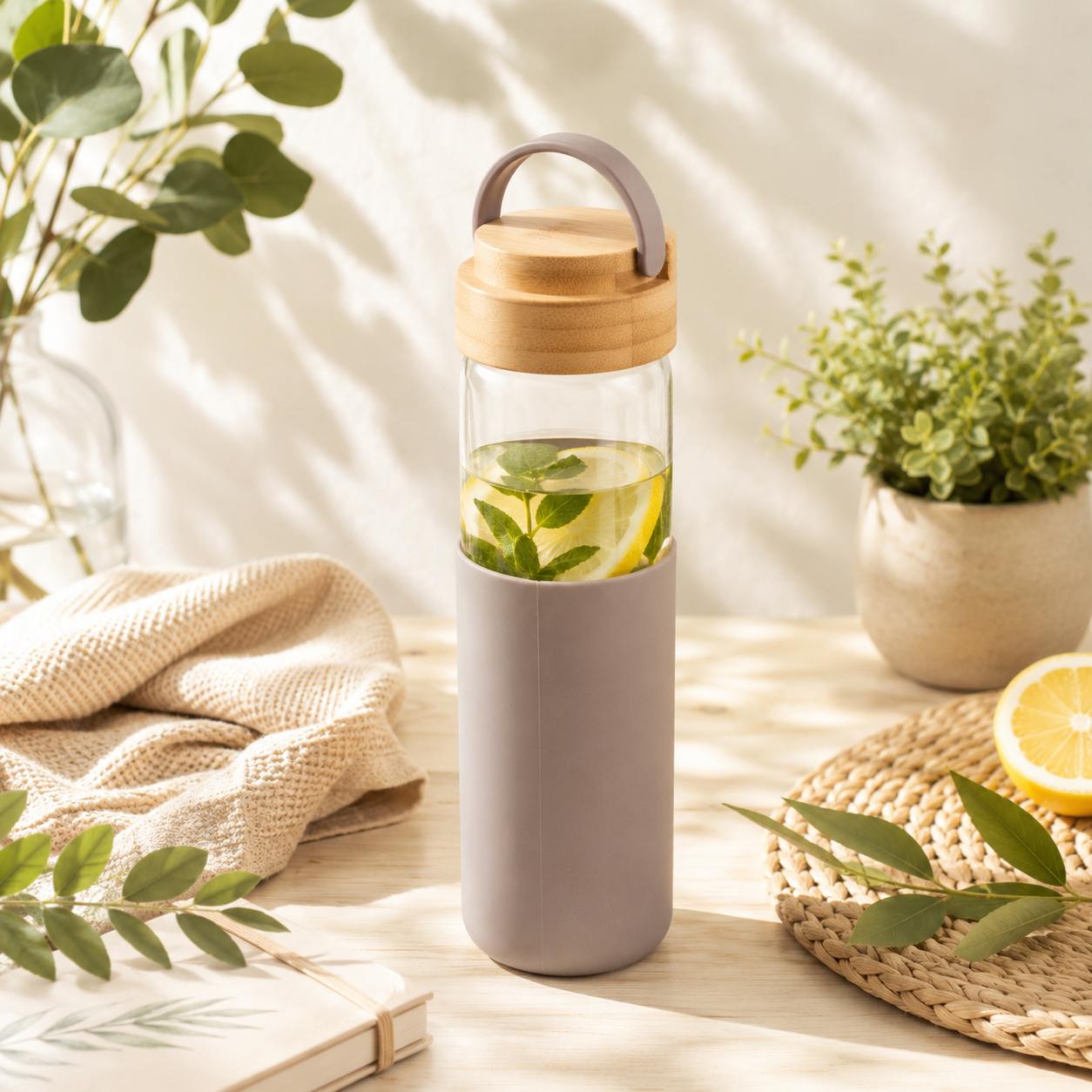 Gourde en verre 600 ml avec bouchon en bambou et protection silicone — Anthracite ou Taupe