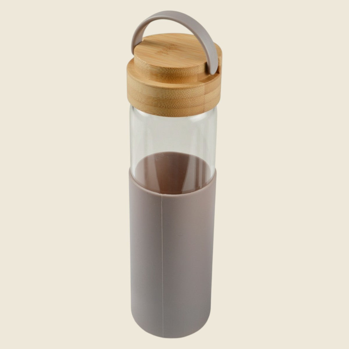 Gourde en verre 600 ml avec bouchon en bambou et protection silicone — Anthracite ou Taupe