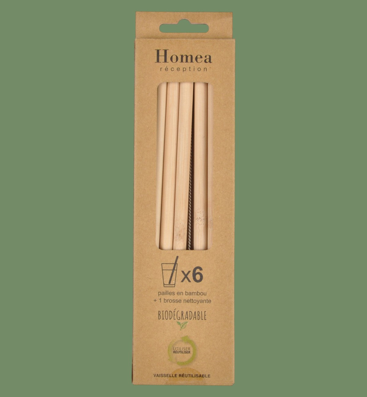 Lot de 6 pailles réutilisables en bambou naturel 20 cm — Brosse de nettoyage incluse