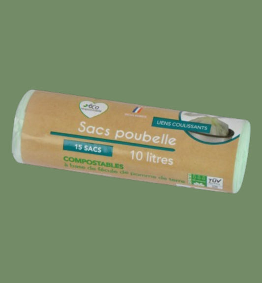 Sacs compostables 30 litres en fécule de pomme de terre — Lot de 10 avec liens coulissants