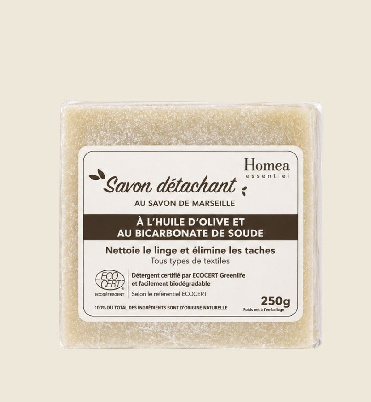 Savon détachant solide 250 g au savon de Marseille, huile d'olive et bicarbonate de soude — Certifié ECOCERT